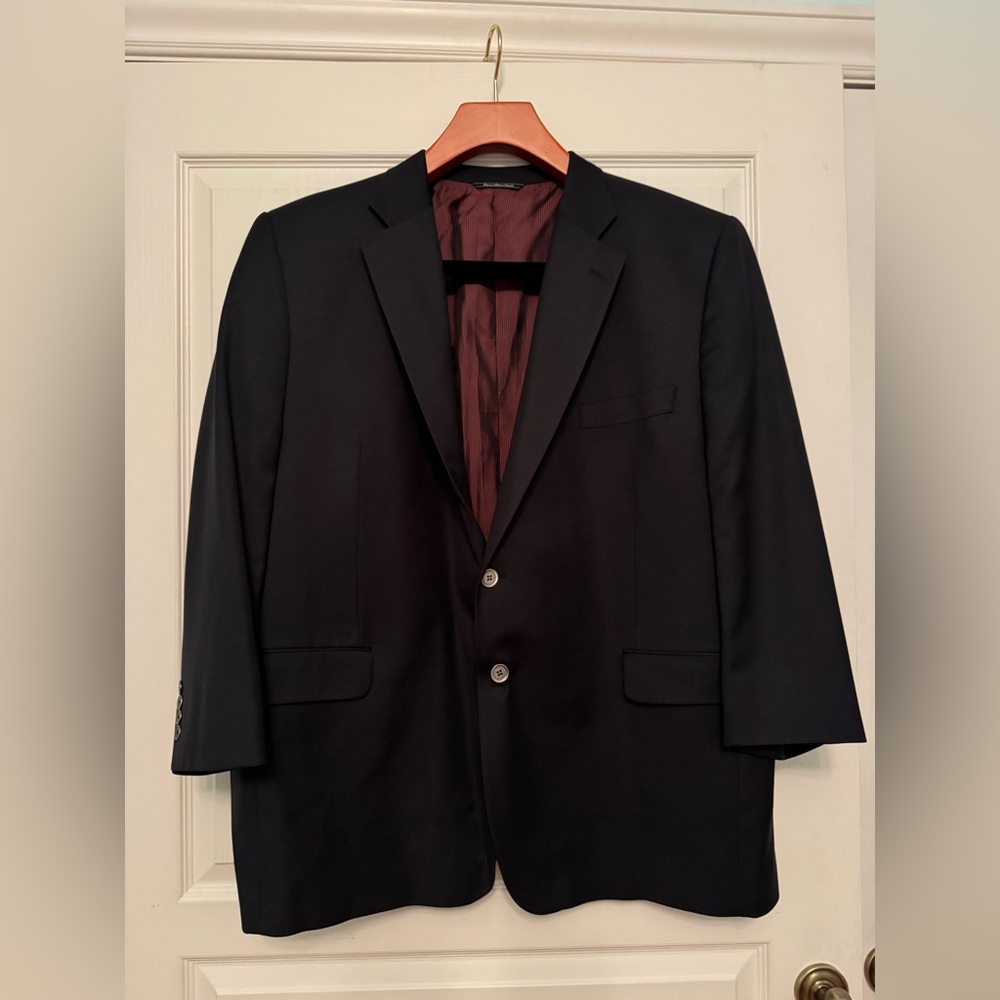 Men's Black Two-Button Wool Suit Jacket with Burgundy Lining